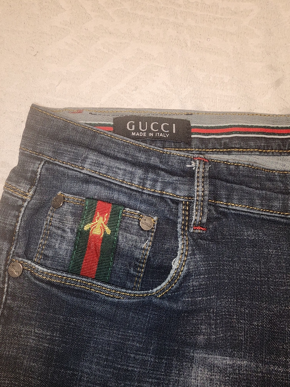 Gucci Dark Wash Jeans with Signature Web and Bee - Picture 1 of 6